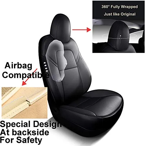 Tesla Model 3 & Y Black Front Two Synthetic Leather Seat Covers