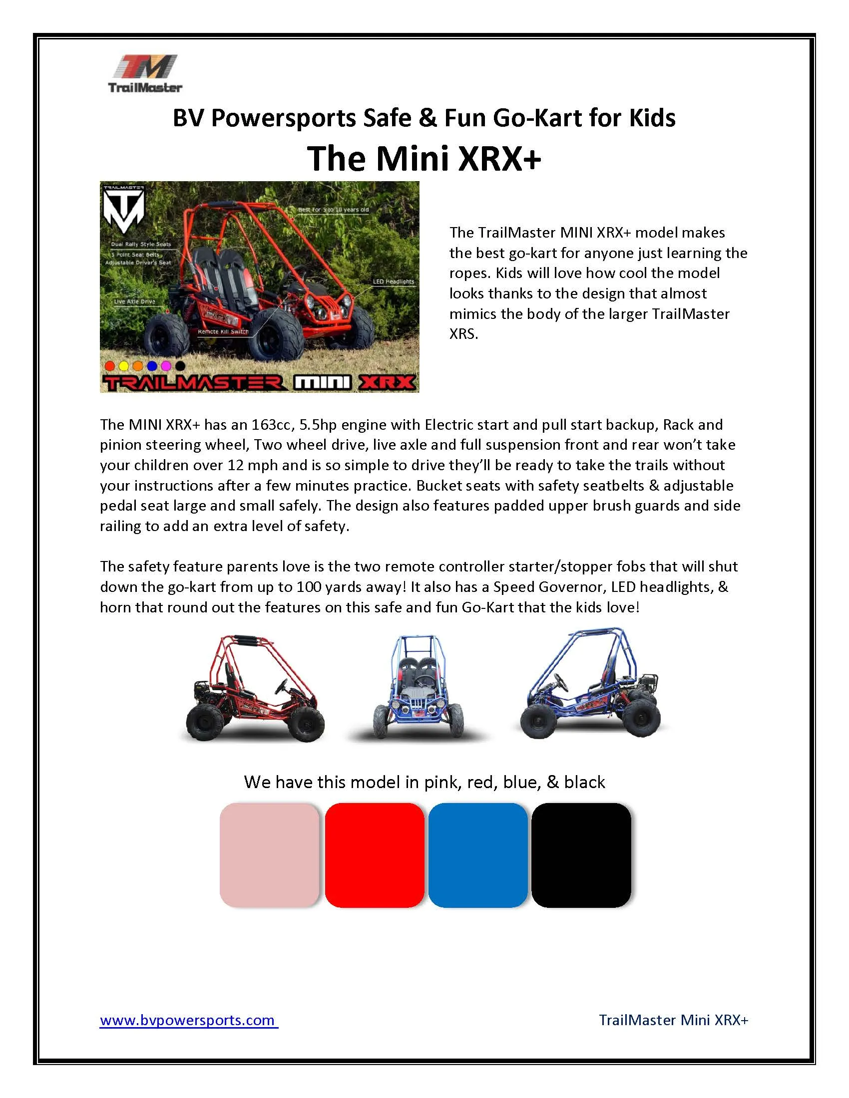 Trailmaster Mini XRX  Go Kart Buggy, High Back Seats, Adjustable for Younger Riders, Throttle Limiter, Remote Kill No Reverse