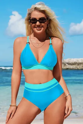V Neck Colorblock Crisscross High Waisted Bikini Set