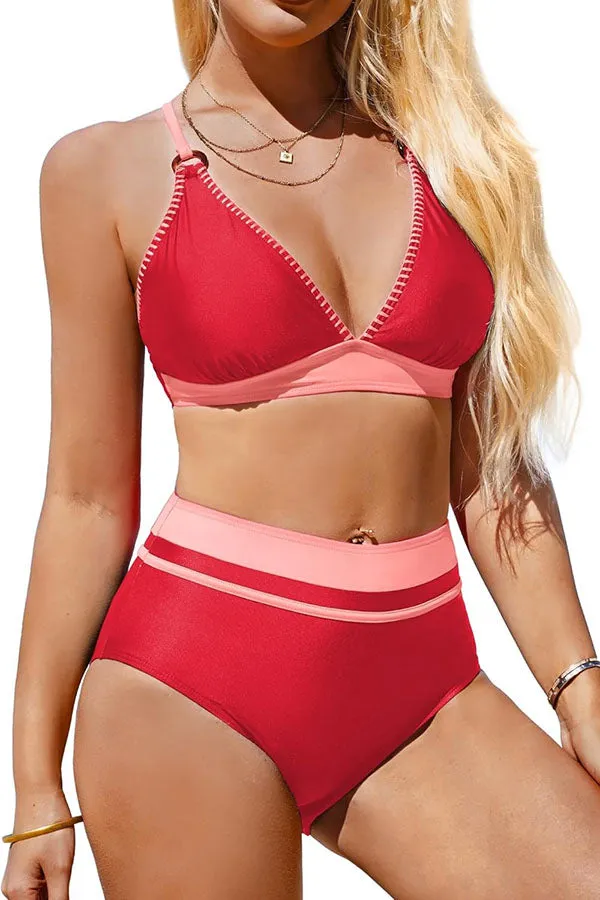 V Neck Colorblock Crisscross High Waisted Bikini Set