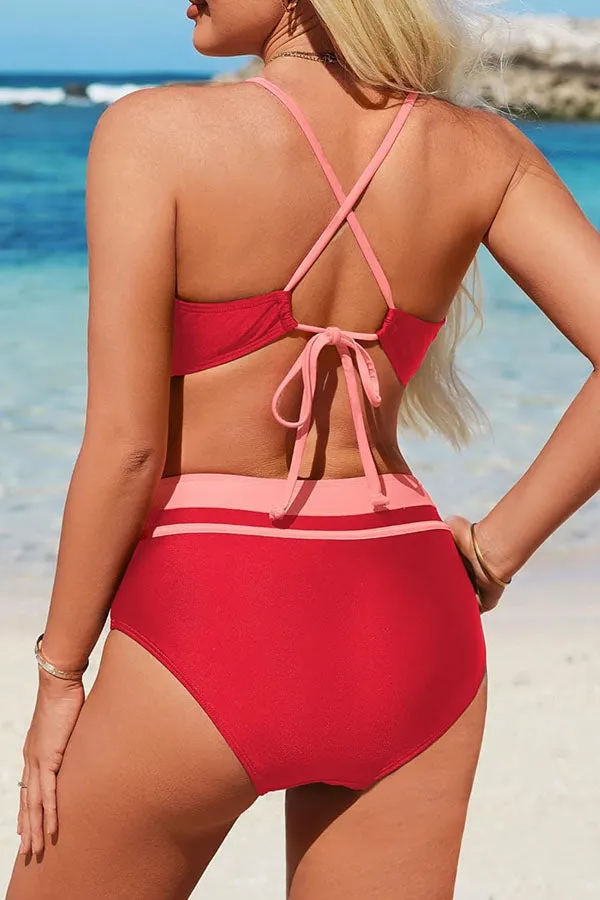 V Neck Colorblock Crisscross High Waisted Bikini Set