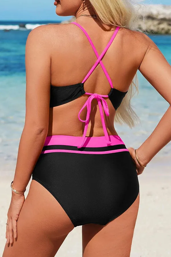 V Neck Colorblock Crisscross High Waisted Bikini Set