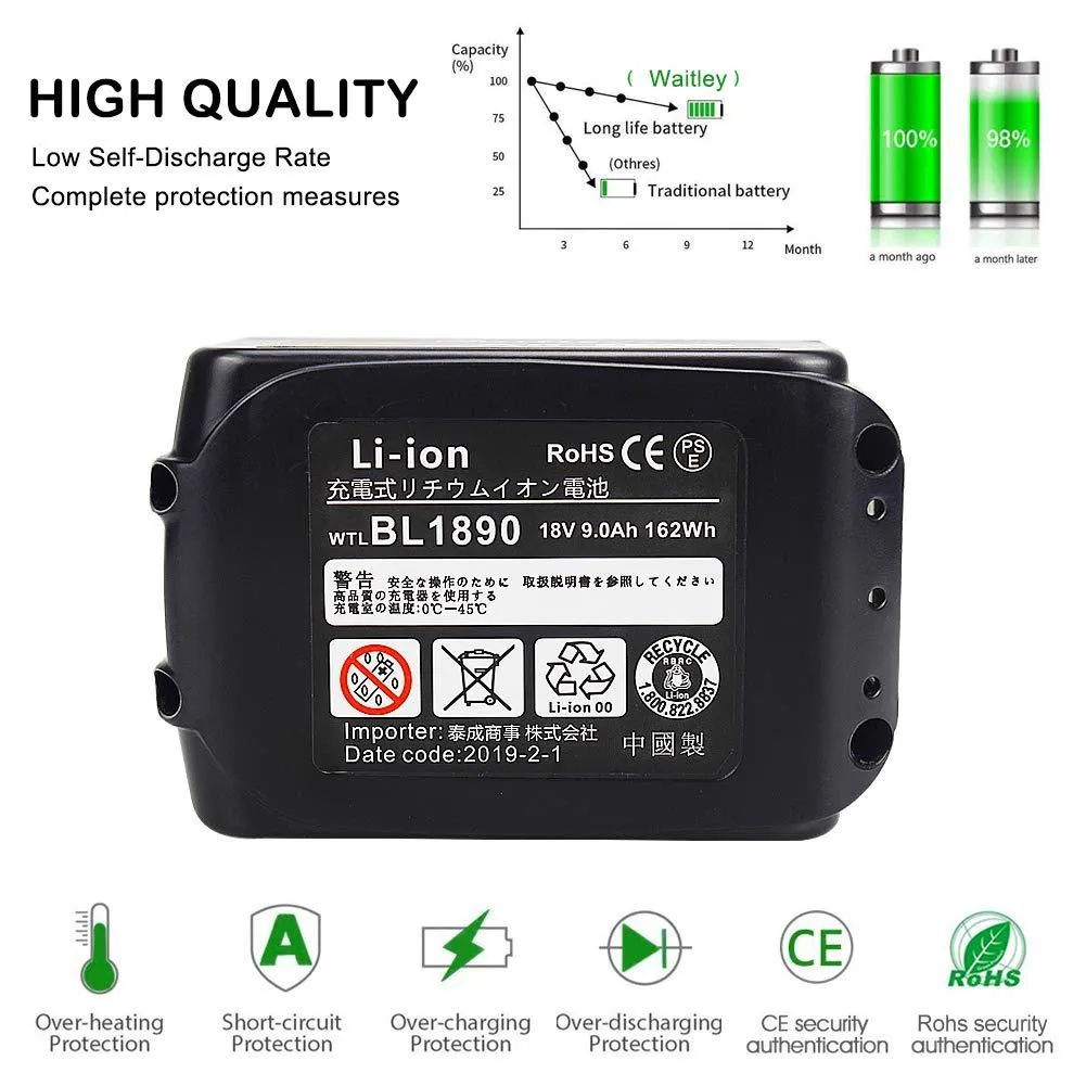 Waitley BL1830 18V 9.0Ah Replacement Battery Compatible with Makita BL1840 BL1850 BL1860 BL1890 LXT Lithium-Ion Battery Tools with LED Indicator