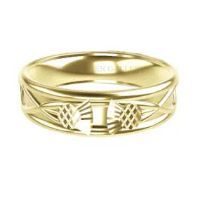 WIDE SCOTTISH THISTLE CELTIC WEDDING RING IN COMFY FIT IN 9CT YELLOW GOLD