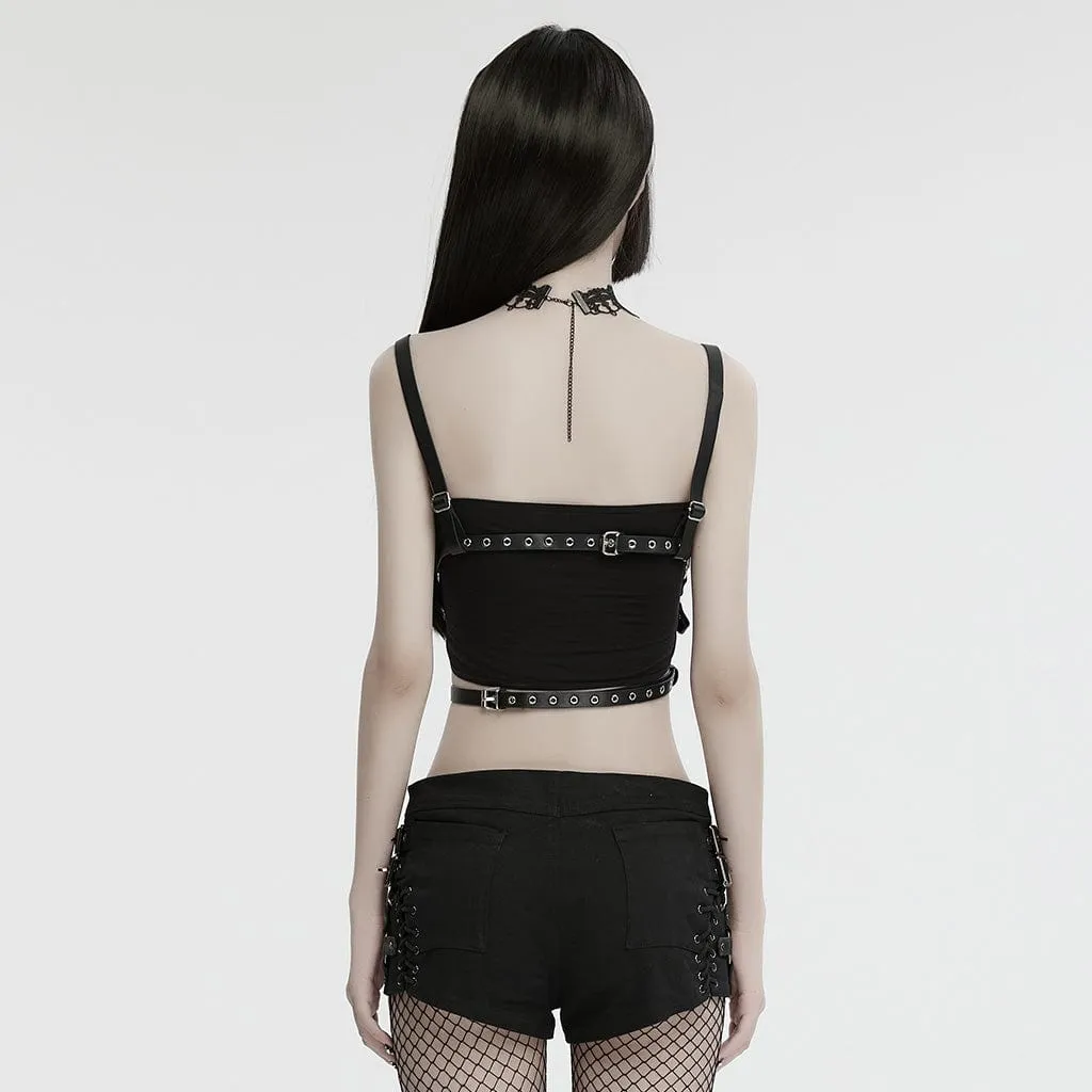 Women's Punk Cutout Ring Faux Leather Crop Top