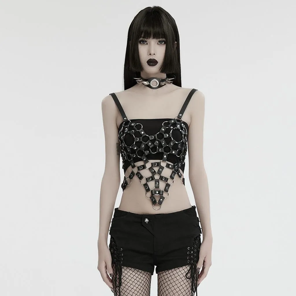 Women's Punk Cutout Ring Faux Leather Crop Top