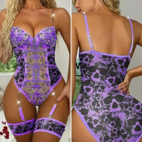Women's Purple Lace Lingerie, Sexy Garter One Piece Bodysuit Outfit